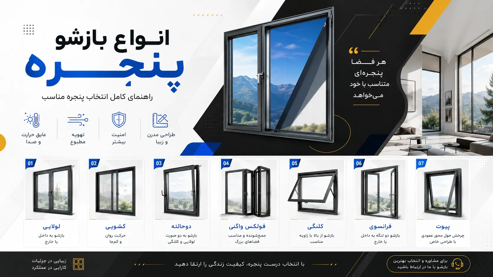 انواع بازشوی پنجره ؛ راهنمای کامل لولایی، کشویی، دوحالته، فرانسوی، کلنگی، فولکس‌واگنی و پیوت